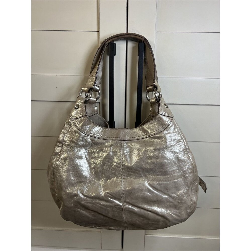 Coach (2011) Soho Lynn Metallic Champagne Shimmer Hobo Leather Bag Big Buckle - Picture 2 of 16